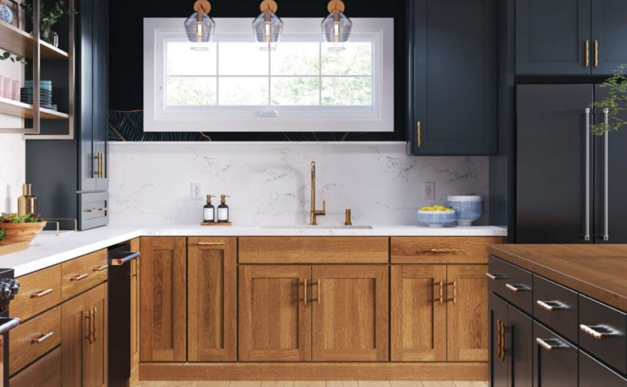 blue and wooden cabinets in a kitchen display at Kiba Studios in Mentor, OH