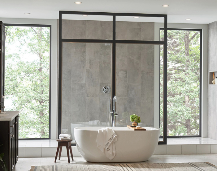 Wall tile on a shower wall with black hardware