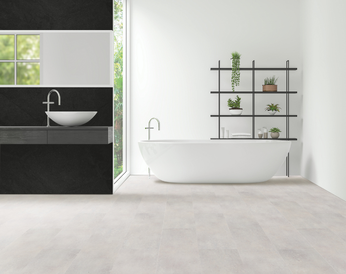Gray tile flooring in a bathroom display at Kiba in Mentor