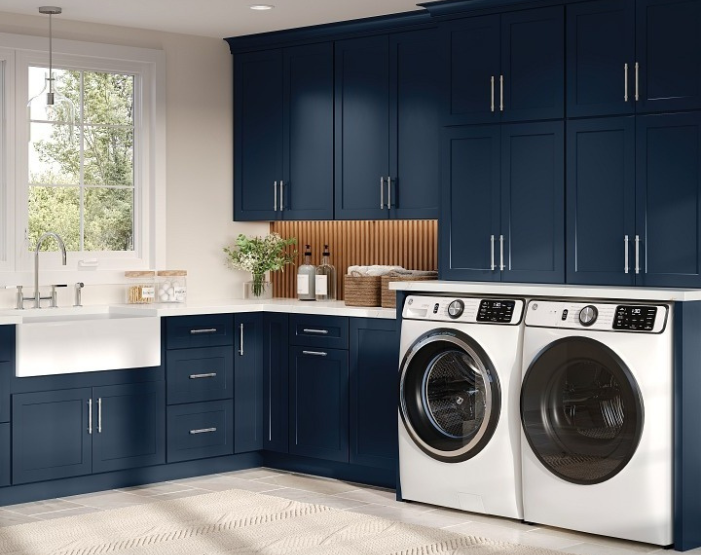 blue laundry room cabinets